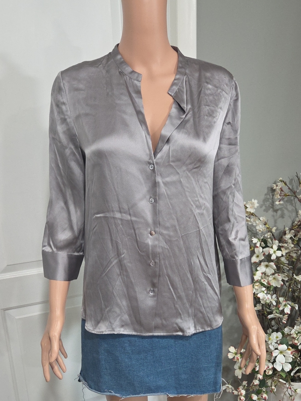 L'AGENCE Silver Silk Button-Front Blouse
